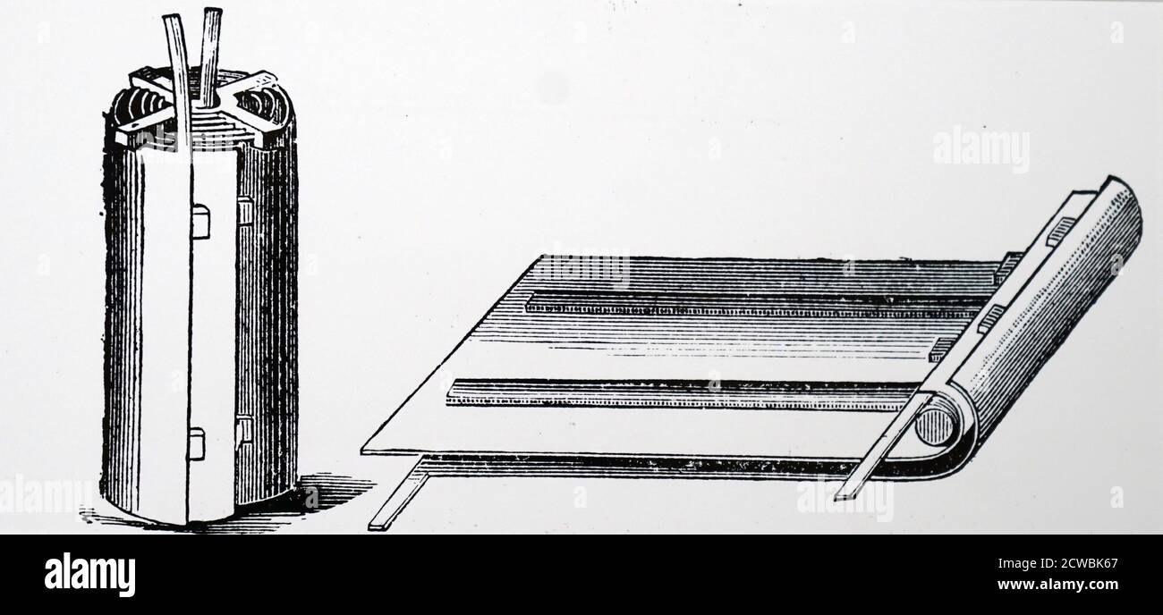 Engraving depicting a secondary battery. Method of constructing plates of the Plante cell. Two lead plates insulated by rubber were rolled up and secured with an ebonite cross. This was put into a glass containing diluted sulphuric acid. Stock Photo