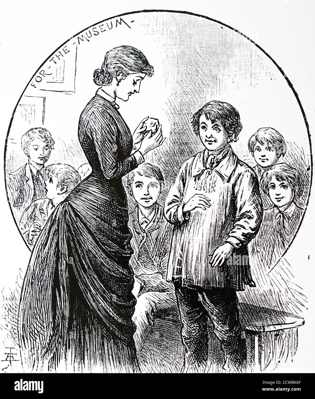 Engraving depicting a boy presenting a geological specimen for the school collection. Classes were held once a week and, as well as the 3Rs, included Natural History, Drawing, Literature, Music and Needlework. Stock Photo