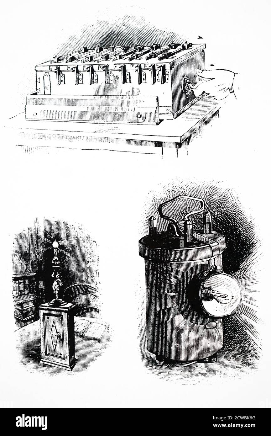 Engraving depicting Schanschieff's battery being used to power a table lamp and a miner's lamp. The battery plates were zinc and carbon and the liquid sulphate of mercury Stock Photo