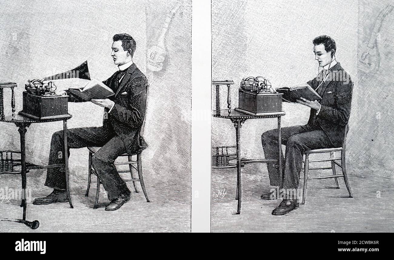 Engraving depicting a student using an Edison phonograph to learn a language. Left, recording his voice; Right, listening to his recording. Stock Photo