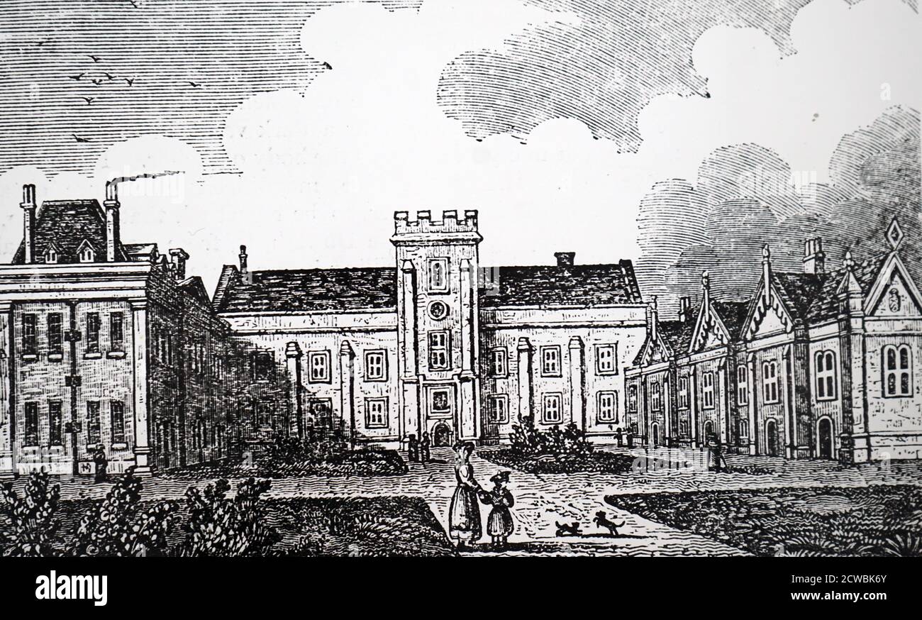 Engraving depicting the exterior of Dulwich College, founded by Edward Alleyn (1566-1626). Stock Photo