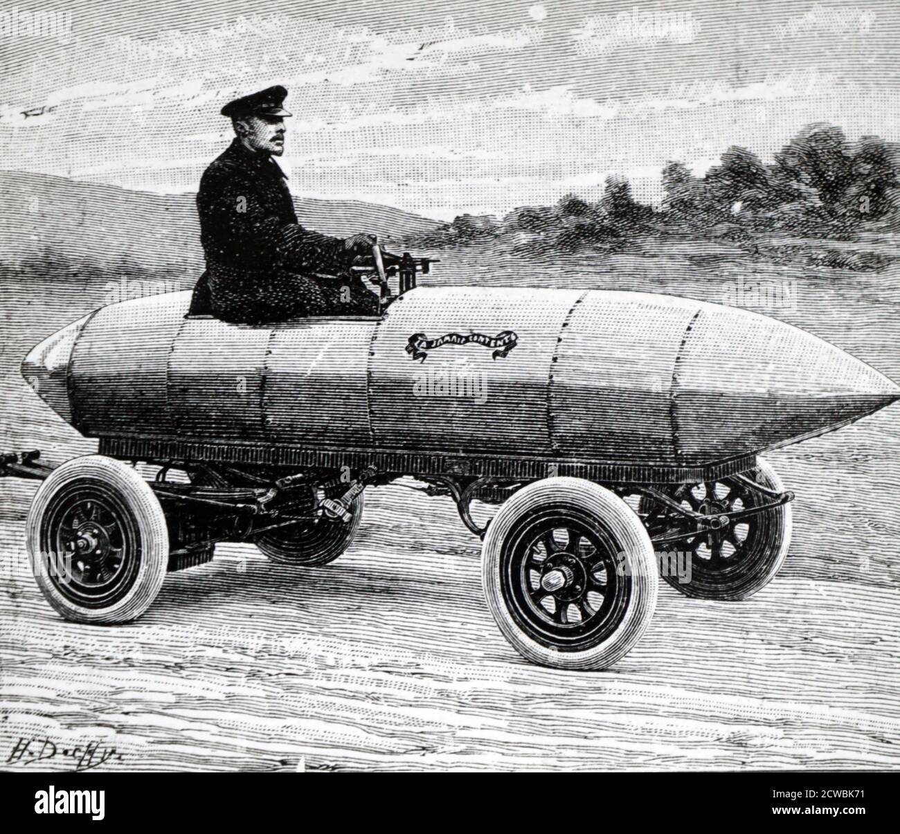 Engraving depicting Camille Jenatzy's battery-driven aluminium car 'La Jamais Contente' Stock Photo