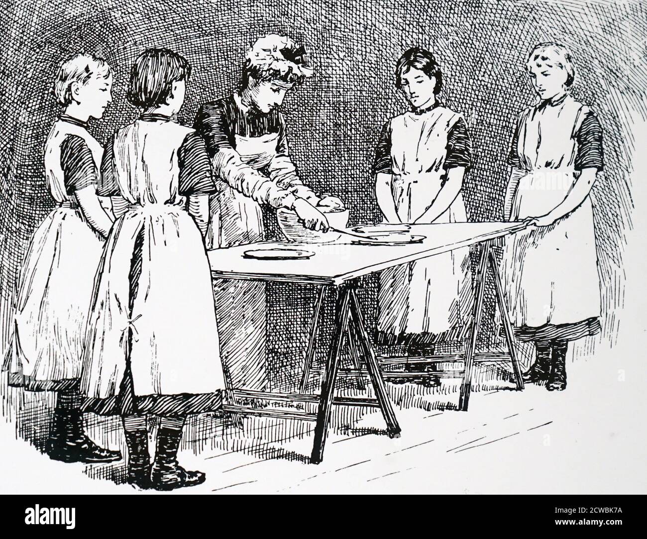 Engraving depicting a cooking class at the Ladies Charity School, Powis Gardens, Notting Hill, London, founded in 1702. Stock Photo