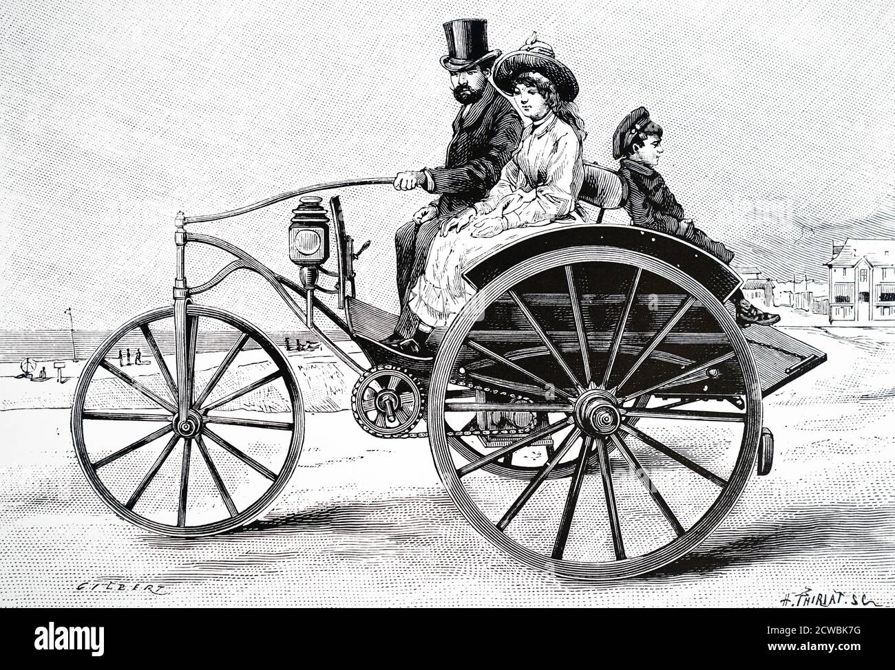 Engraving depicting Magnus Volk's electric dog-cart. The vehicle was powered by battery and could run for six hours without recharging and was capable of a speed of 9 mph on a good surface with two passengers. Stock Photo