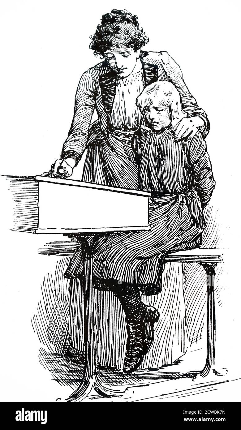 Engraving depicting a Sunday school teacher giving a writing lesson to ...