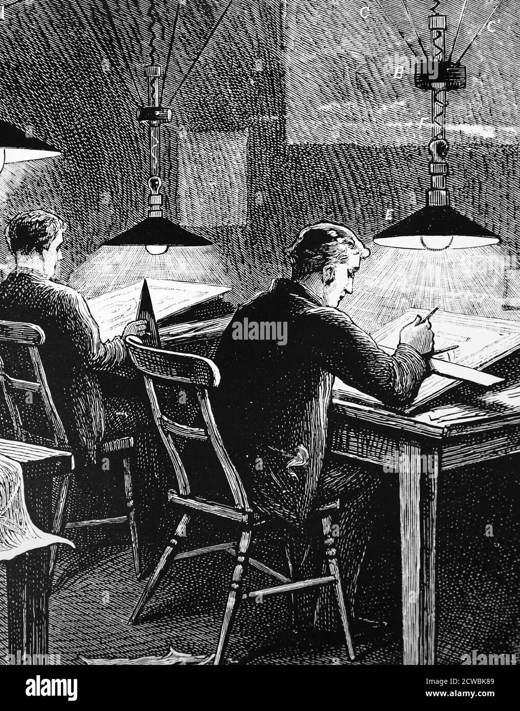 Engraving depicting an engineering classroom at the University of Dundee. The classroom is fitted with Swan incandescent lamps. Stock Photo