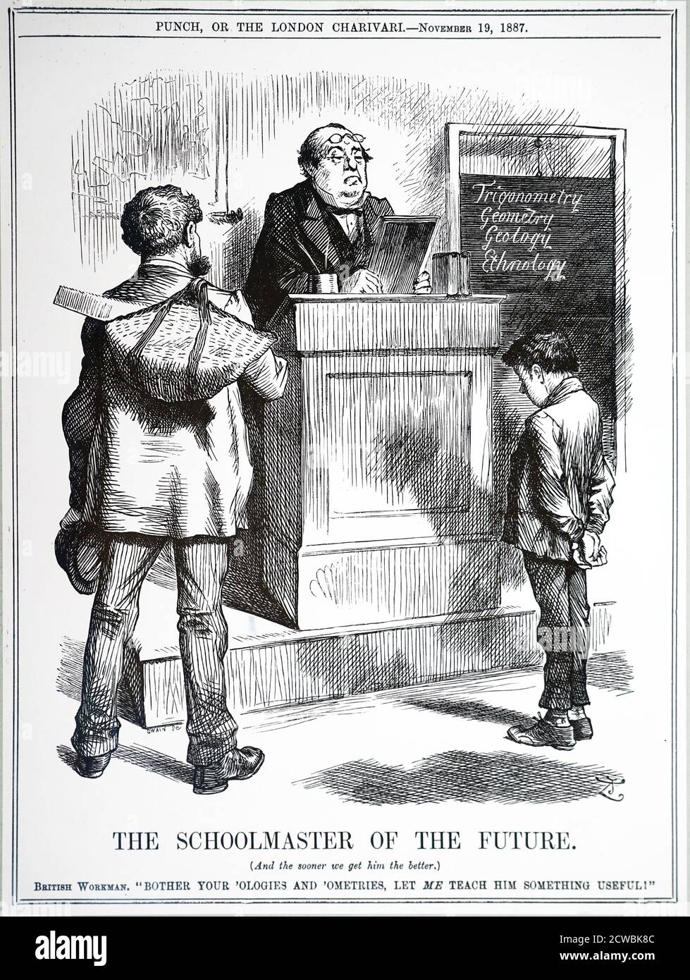 Cartoon commenting on the campaign for the Technical Education Act (1889). Stock Photo