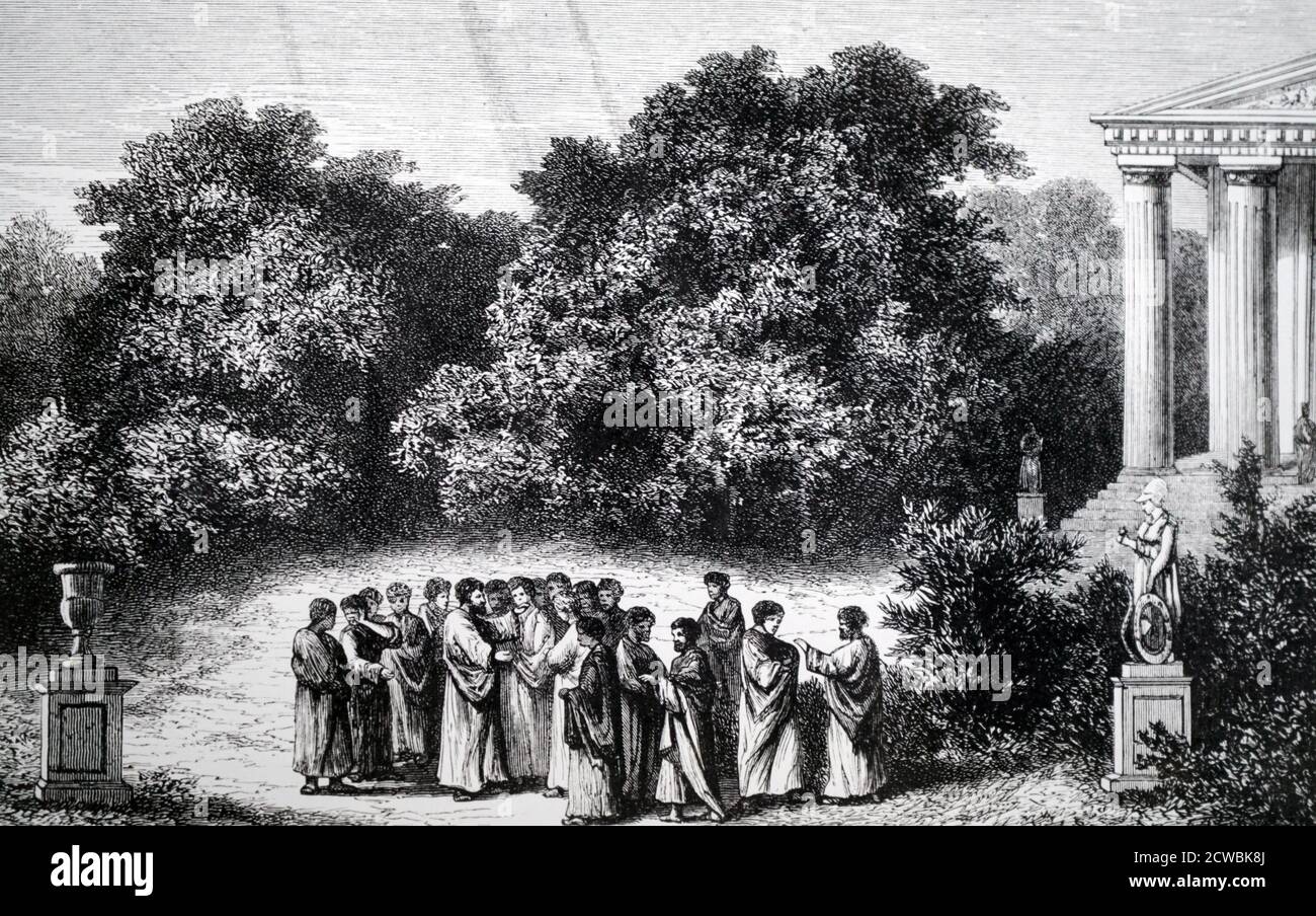 Engraving depicting Plato and his followers in the grounds of The
