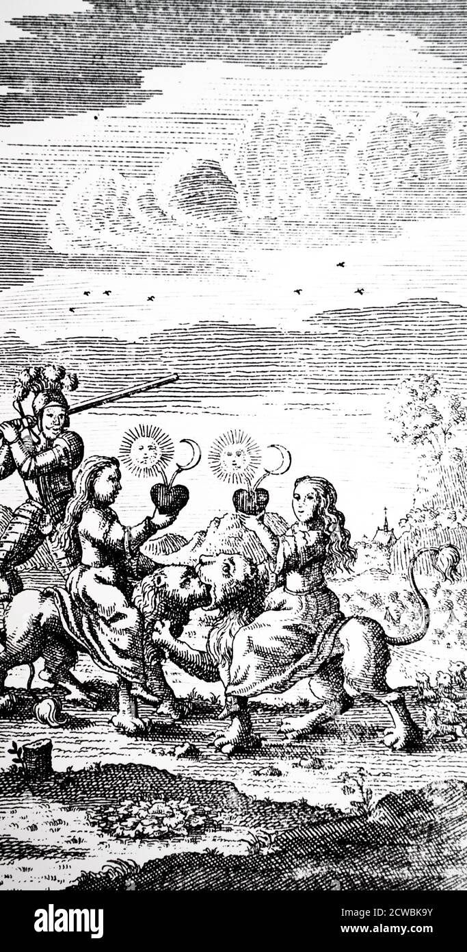 Woodcut engraving depicting the eleventh key of Basil Valentine symbolising multiplication. The two lions represent sulphur being consumed by mercury and being transformed through digestion (represented by the Gemini Twins) into numerous young. The sun represents gold and the moon silver. Stock Photo