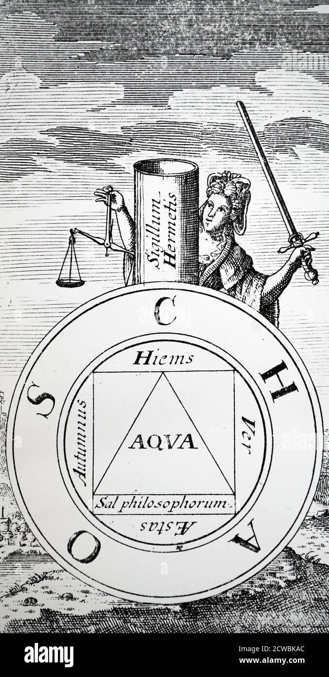 Woodcut engraving depicting the seventh key of Basil Valentine showing the Hermetic Vase (in the shape of a round-bottomed flask) enclosing a chaos which is resolved by sublimation (represented by Libra). Stock Photo