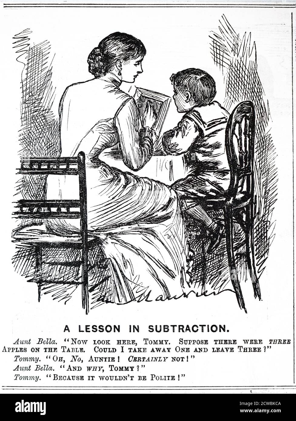 Cartoon depicting a governess teaching a child using a slate. Stock Photo