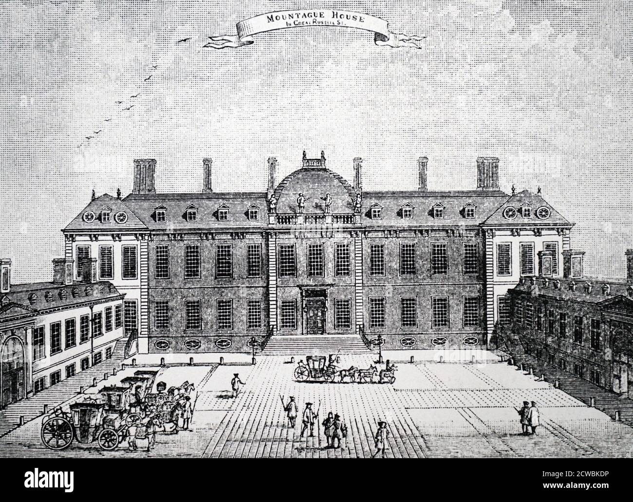 Engraving depicting the exterior to Montague House the old home of the