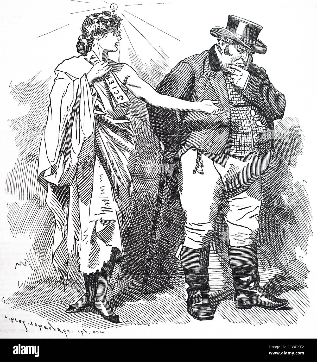 Cartoon titled 'The usual British attitude': put Science at the bottom of the list. Illustrated by Edward Linley Sambourne. Stock Photo