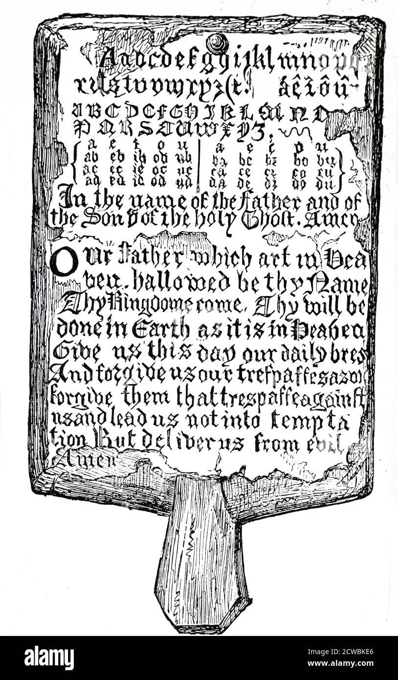 Woodcut engraving depicting a hornbook. A hornbook is a book that serves as primer for study. Letters, numbers and prayers were written on a piece of paper and stuck onto the piece of wood which had a handle. A very thin, transparent piece of horn was fixed over the letters to protect them. Sometimes there were pictures on the reverse side. Stock Photo
