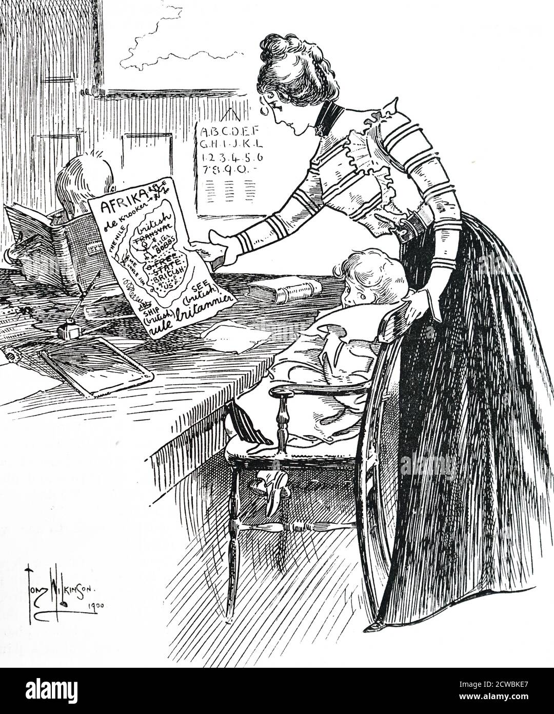 Cartoon depicting a governess with her charges. She is attempting to teach them geography. Stock Photo