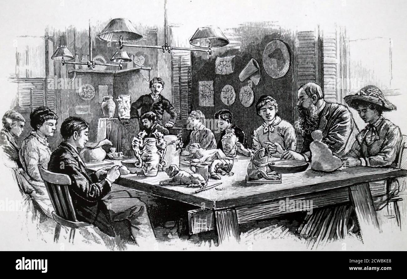 Engraving depicting an arts and handicrafts class in progress for 10-16 year olds. Hollingsworth School, Philadelphia. Stock Photo