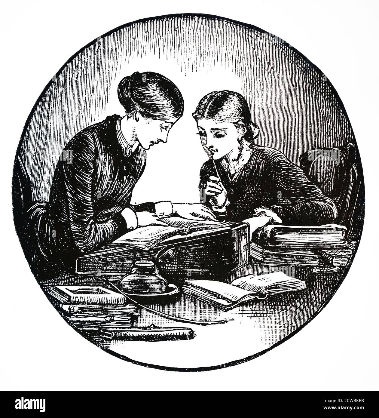 Engraving depicting a governess and her pupil. The governess is using a