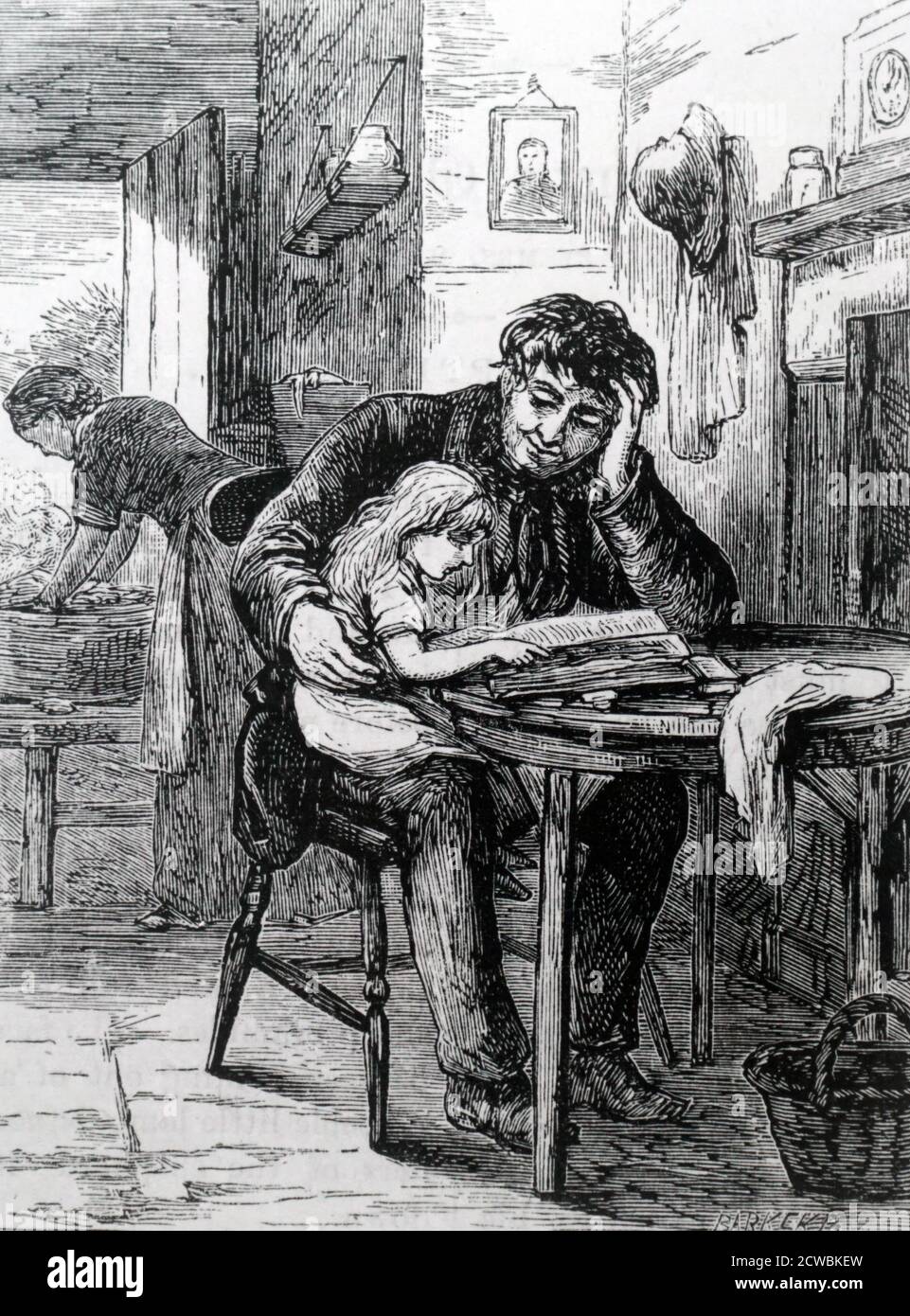 Engraving depicting a father teaching his daughter how to read from the family Bible, which was most likely the only book in the house. Stock Photo