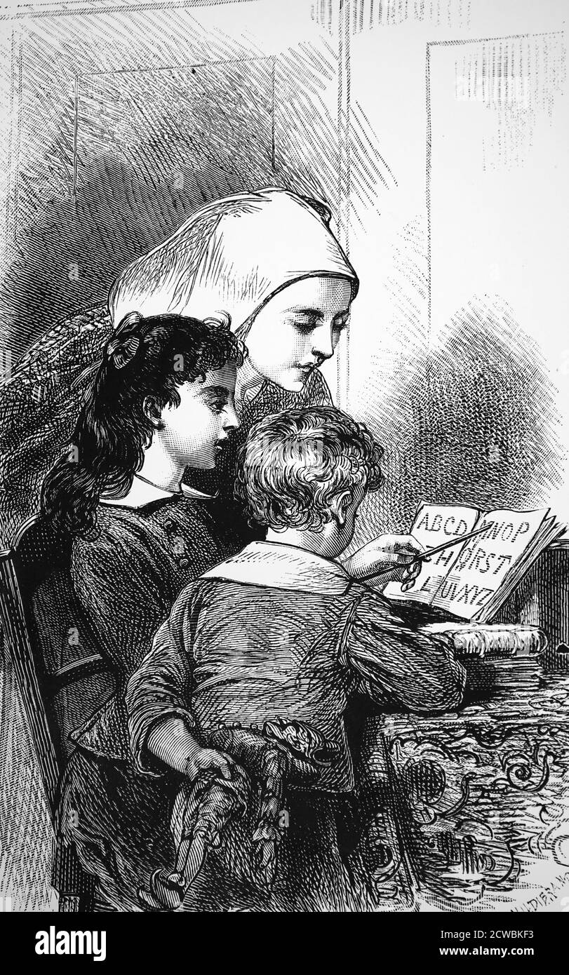 Engraving depicting a young woman teaching children their alphabet, Paris, France. Stock Photo