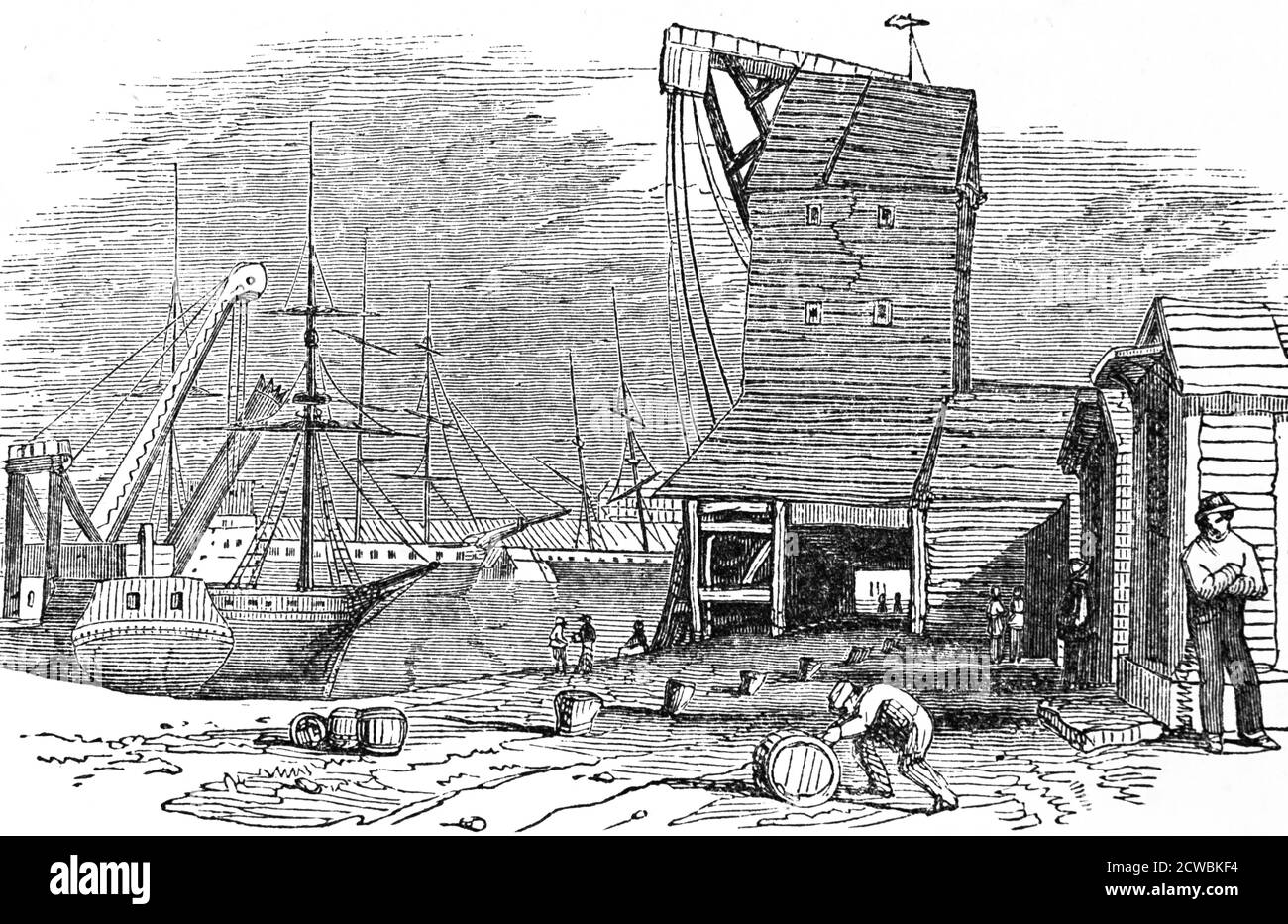 Engraving depicting the Masting House on the East India Export Dock, London. Stock Photo