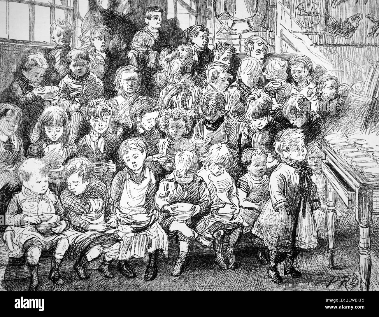 Engraving depicting children waiting for soup at dinner time, London Board School, Denmark Terrace, Islington, London. Stock Photo