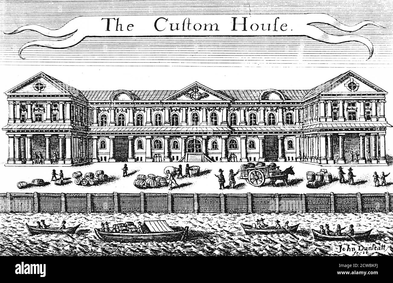 Copperplate engraving depicting Custom House, London, from where the collection of duties and taxed in the port of London were administered. Stock Photo