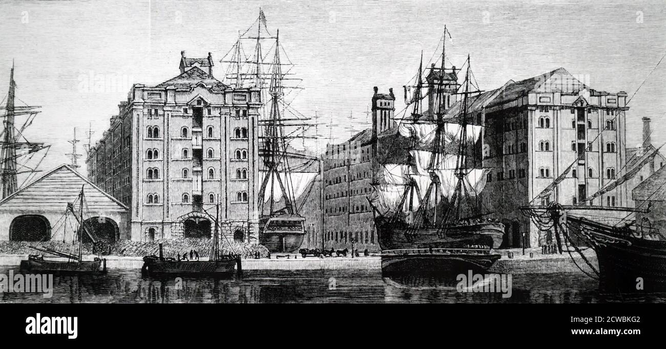 Engraving depicting Waterloo Dock and warehouses, Liverpool. Stock Photo