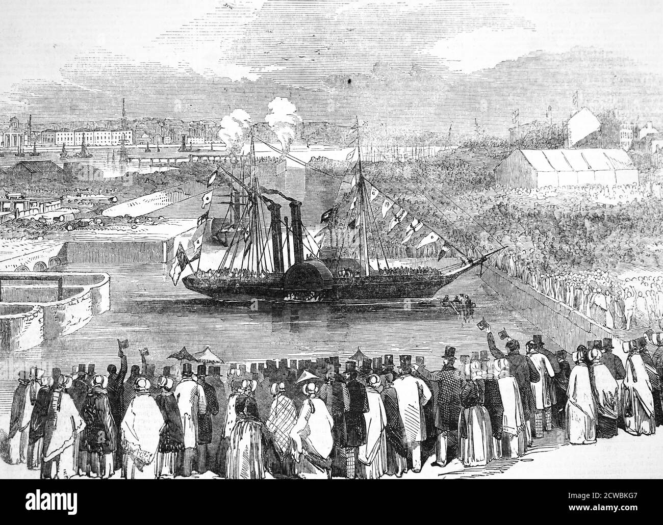 Engraving depicting the opening of the Birkenhead docks, Liverpool. Stock Photo