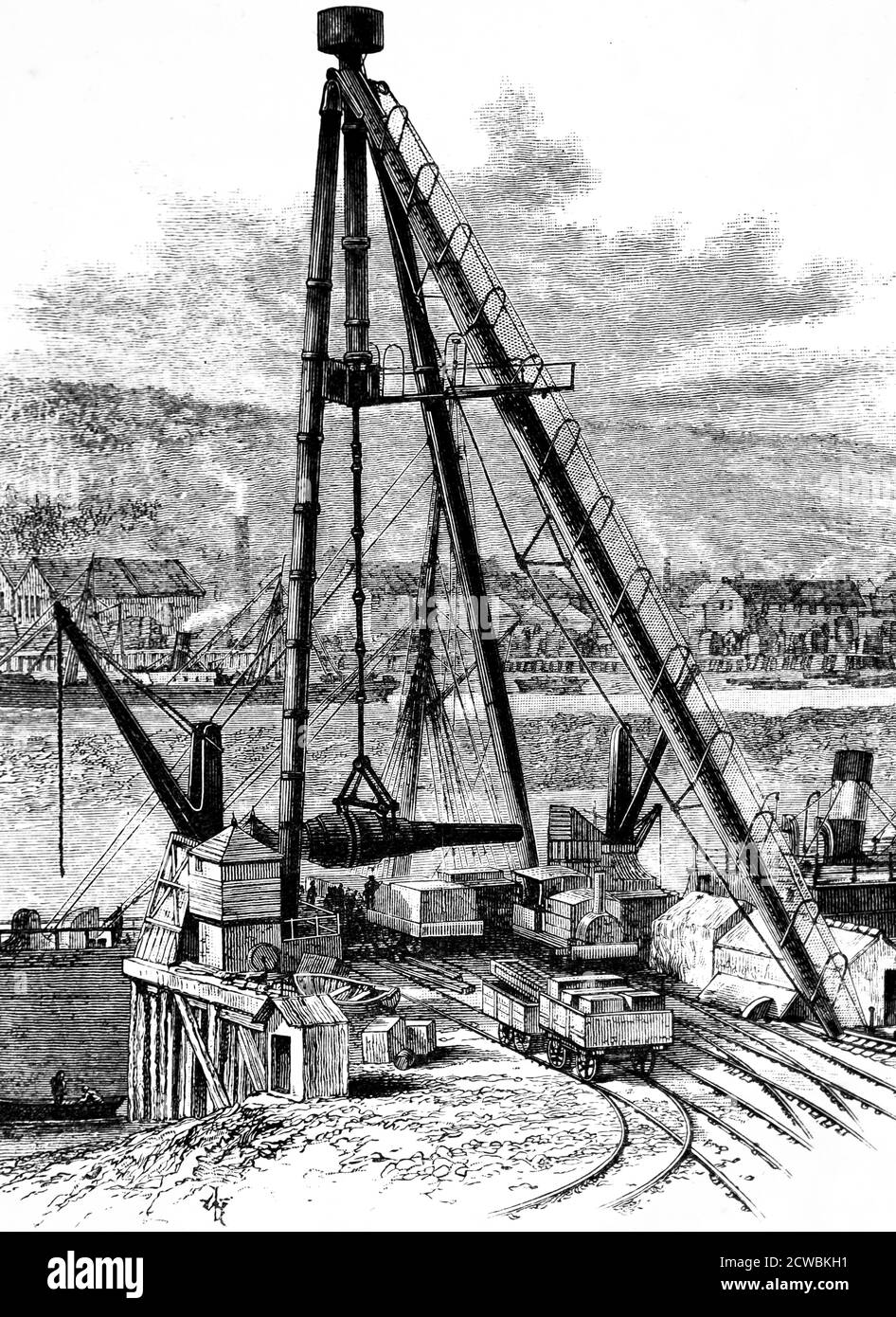 Engraving depicting the great crane at Armstrong's gun works, Newcastle-upon-Tyne, lifting a 100 ton gun. Stock Photo