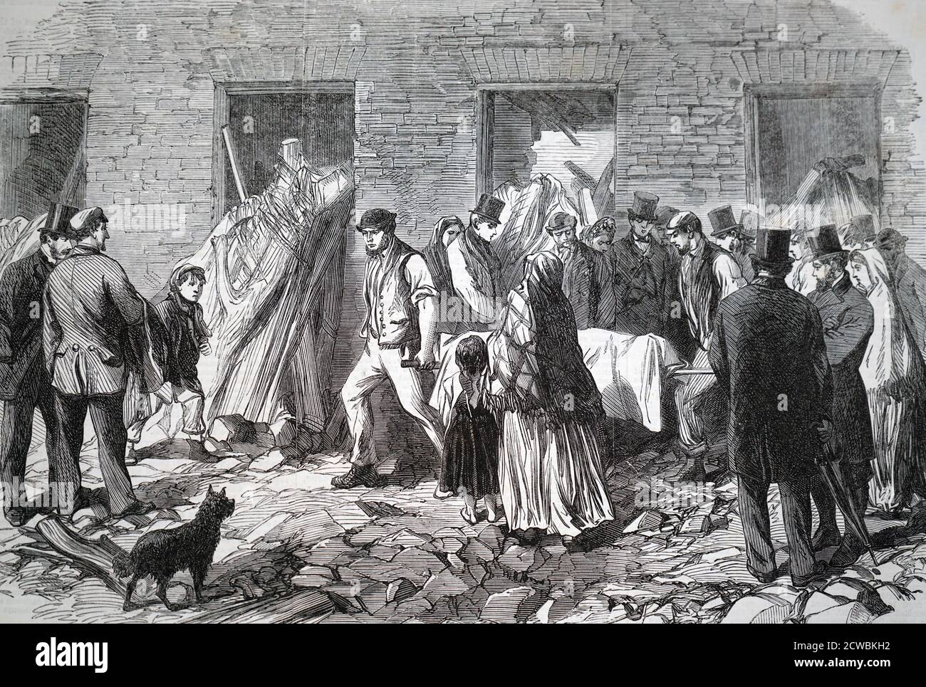 Engraving depicting the aftermath of the flooding of Sheffield and its environs due to failure of the Dale Dyke of the Bradfield Reservoir: 11 March 1864. There was extensive damage and loss of life. Dead bodies are being taken away to the receiving house at Malin Bridge. Stock Photo