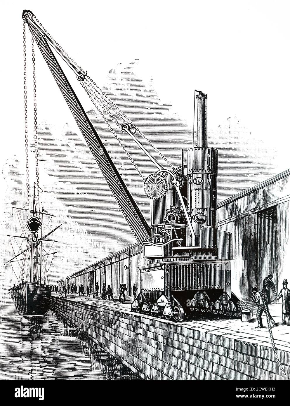Engraving depicting a George Russell & Co. 20-ton steam crane, used by the Anchor line for loading and unloading vessels. Stock Photo