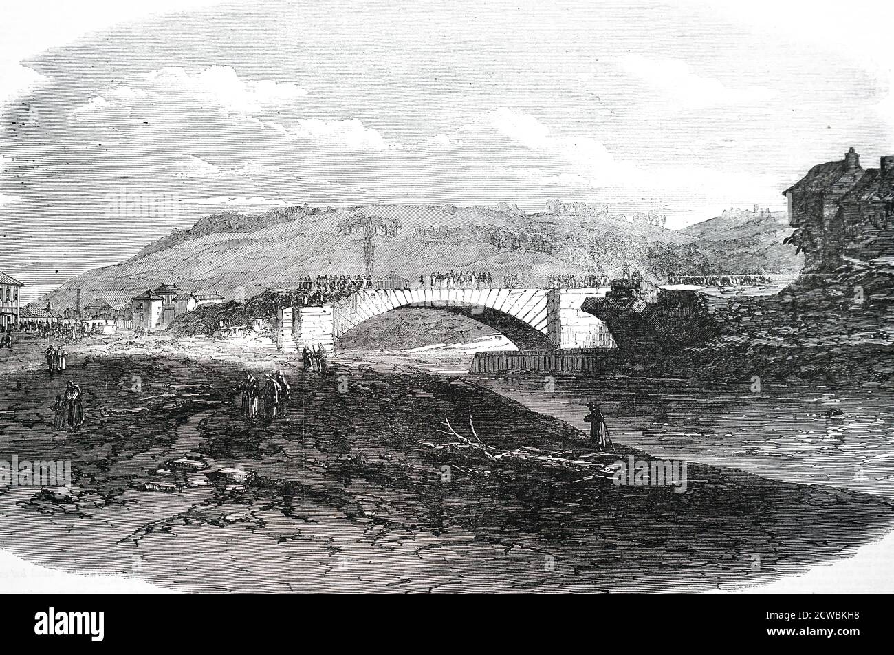 Engraving depicting the aftermath of the flooding of Sheffield and its environs due to failure of the Dale Dyke of the Bradfield Reservoir: 11 March 1864. There was extensive damage and loss of life. The village of Hillsborough after the flood. Stock Photo