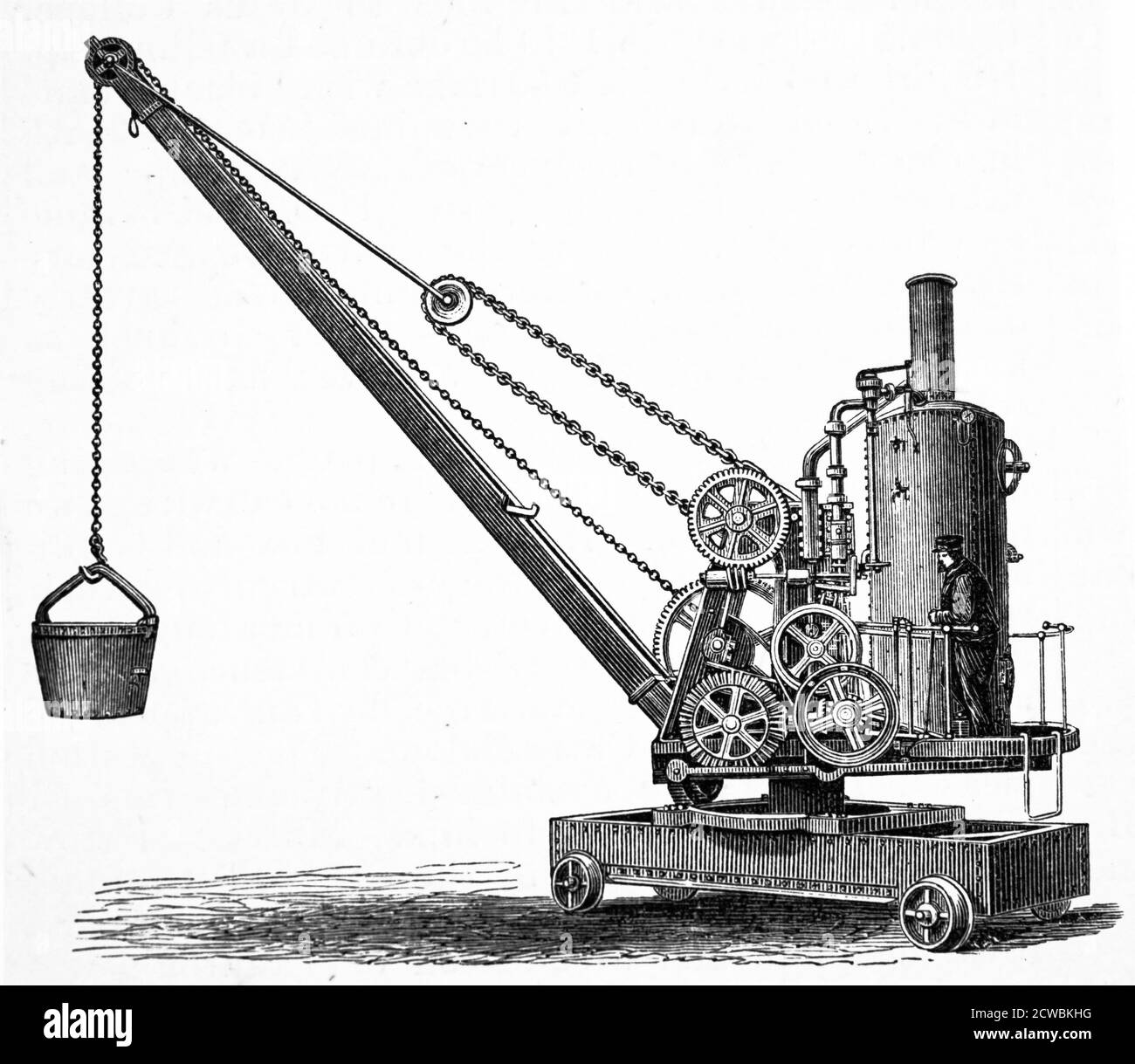 Engraving depicting a portable crane mounted on a plain railway truck, either of wood or iron. Stock Photo