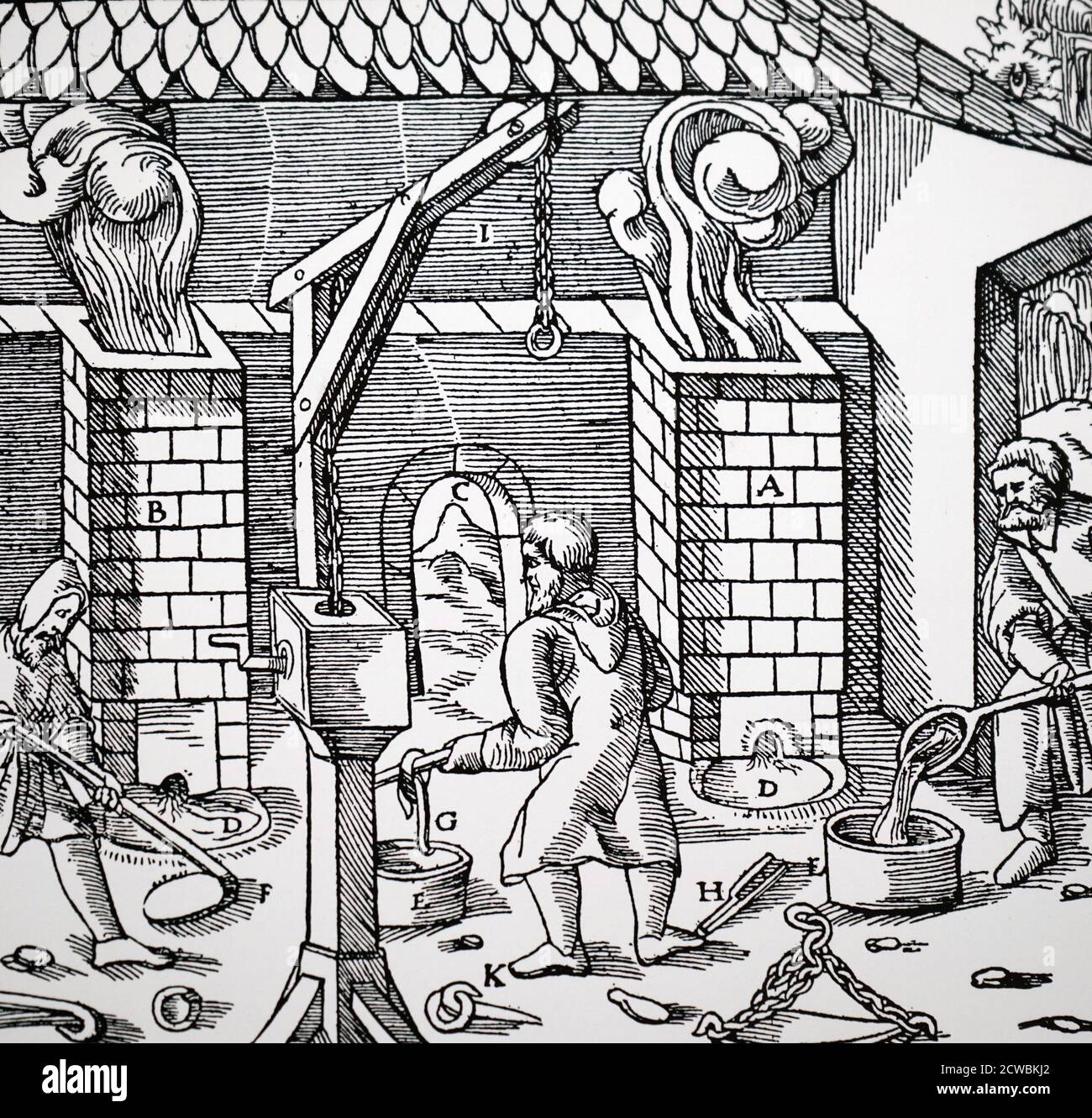 Woodcut engraving depicting a crane for lifting cakes of copper/lead alloy from moulds. Stock Photo