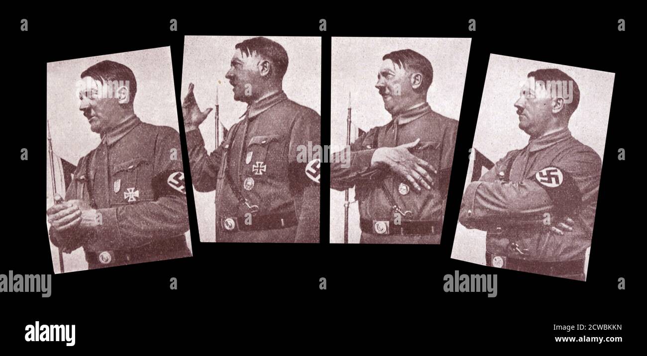 Series of four black and white photos of Hitler giving a speech. Stock Photo