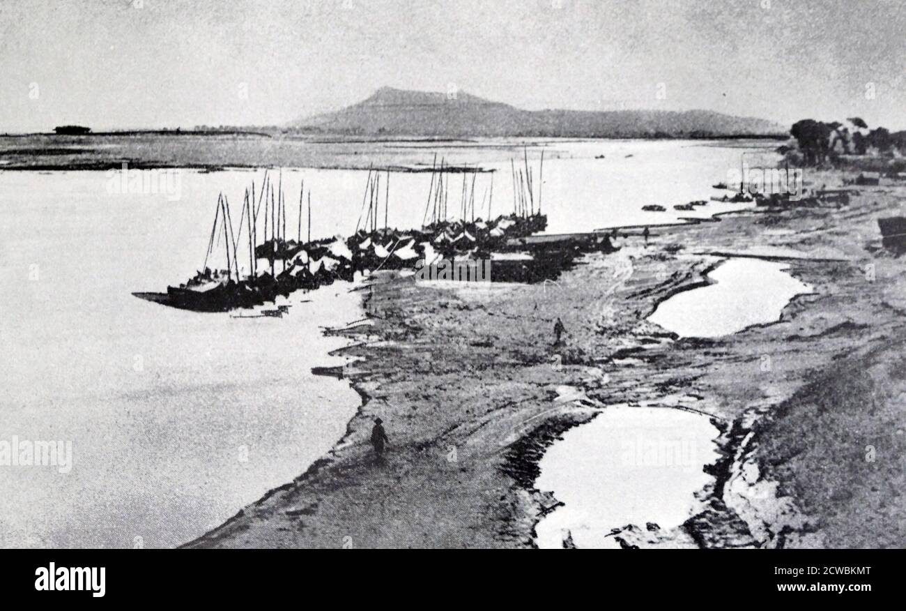 Black and white photo of the River Lou in the Jehol Province of China, scene of violent battles between the Chinese and Japanese. Stock Photo