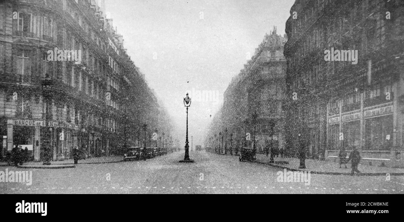 Black and white photo of from the general strike of 12 February 1934. The Place de L'Opera without any people. Stock Photo
