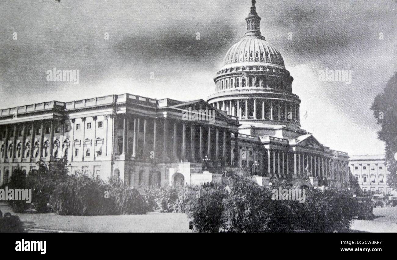 Black and white photo of the US Capitol Building in Washington, DC, home to the House of Representatives and the US Senate. Stock Photo