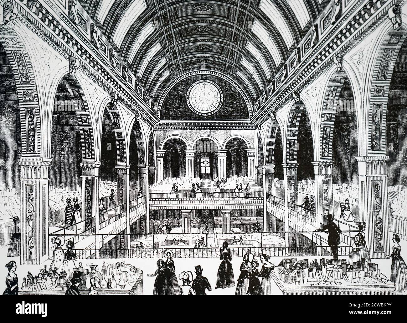 Engraving depicting the Pantheon Bazaar, Oxford Street, London. The first floor was a picture gallery where items could be bought. The next floor, shown in the picture, had counters for millinery, lace, hosiery, cutlery, jewellery, toys, children's clothes, etc. Each counter had a young female assistant. Stock Photo