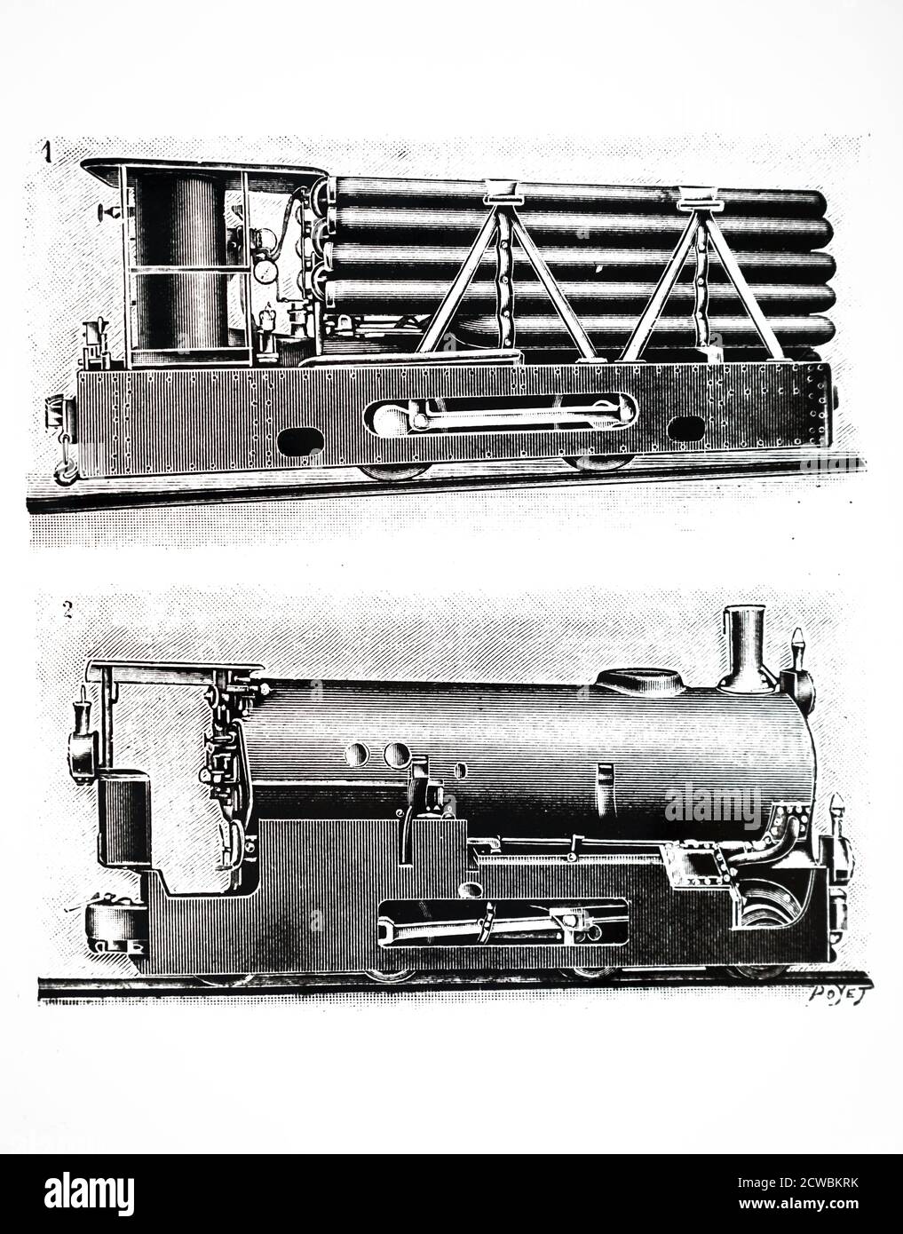 Engraving depicting locomotives used in the Simplon Tunnel. Top: compressed air locomotive for use in the tunnel workings. Bottom: Steam locomotive without a firebox used on external workings. Stock Photo