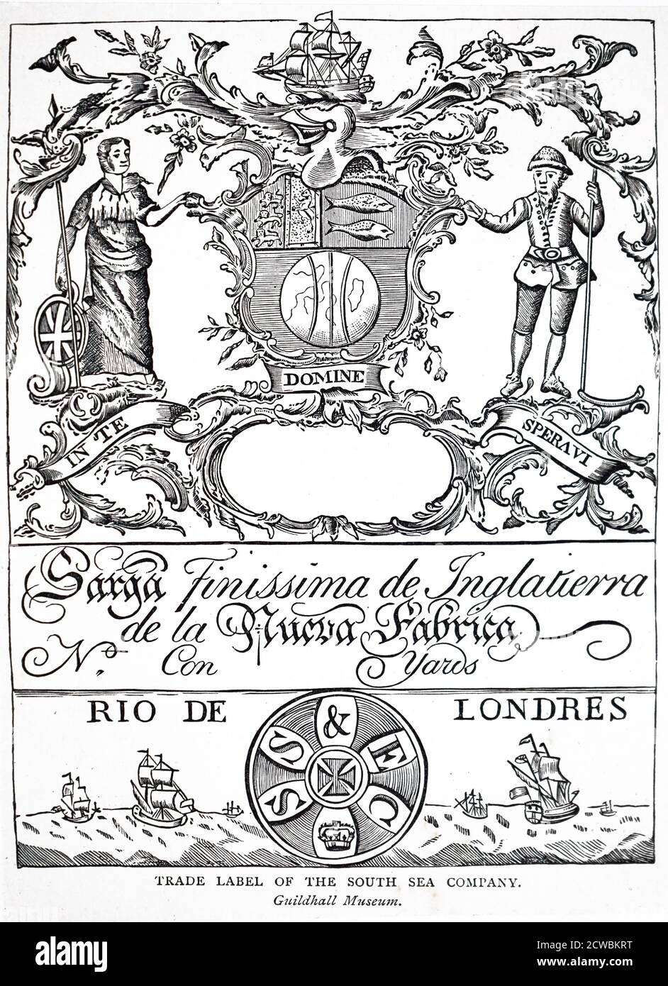 Woodcut engraving depicting a trade label of the South Sea Company. Stock Photo