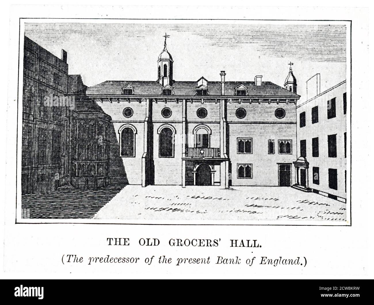 Engraving depicting the Old Grocers Hall, London, predecessor to the Bank of England. Stock Photo