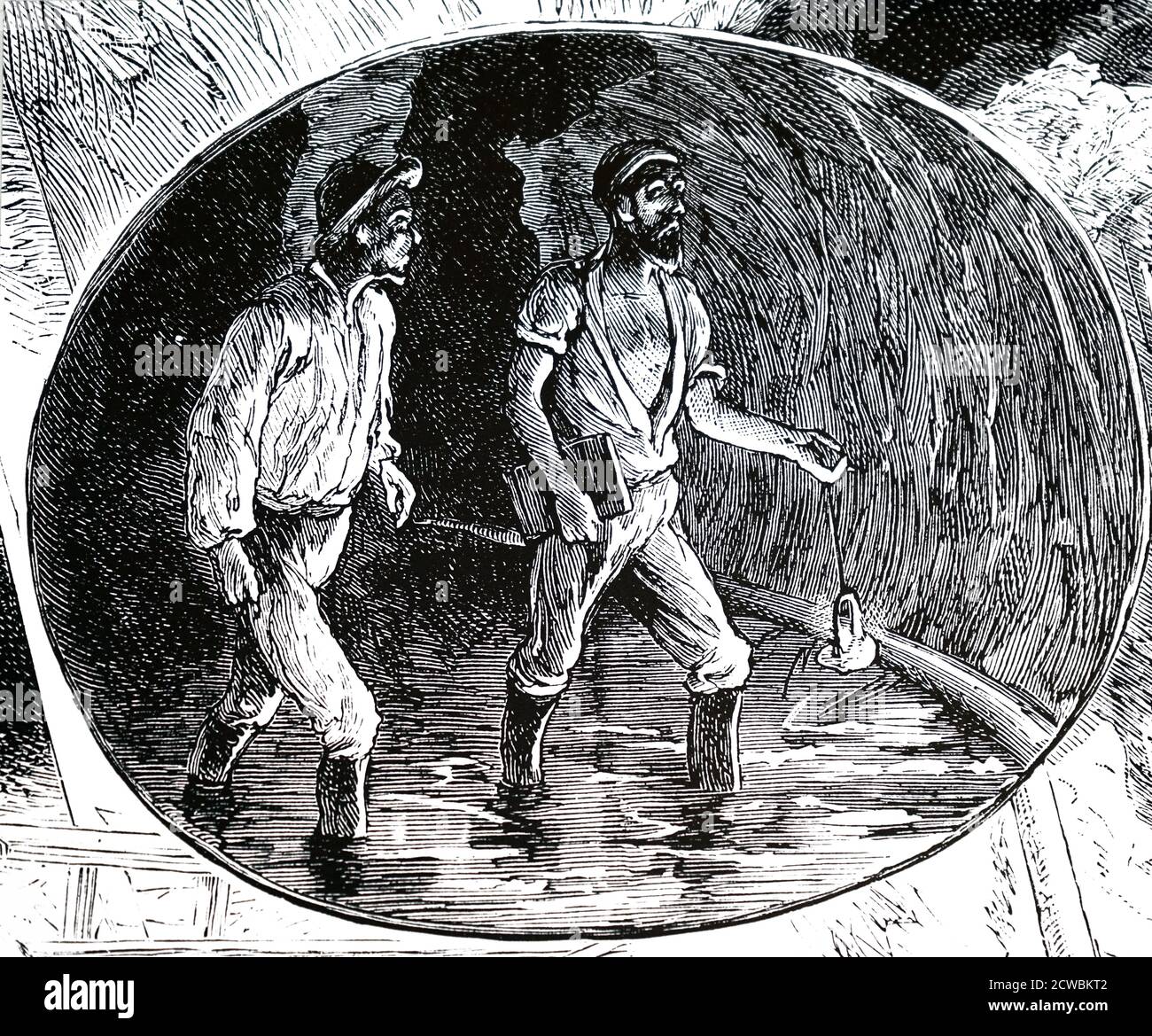 Engraving depicting workmen of the St Gotthard tunnel Stock Photo