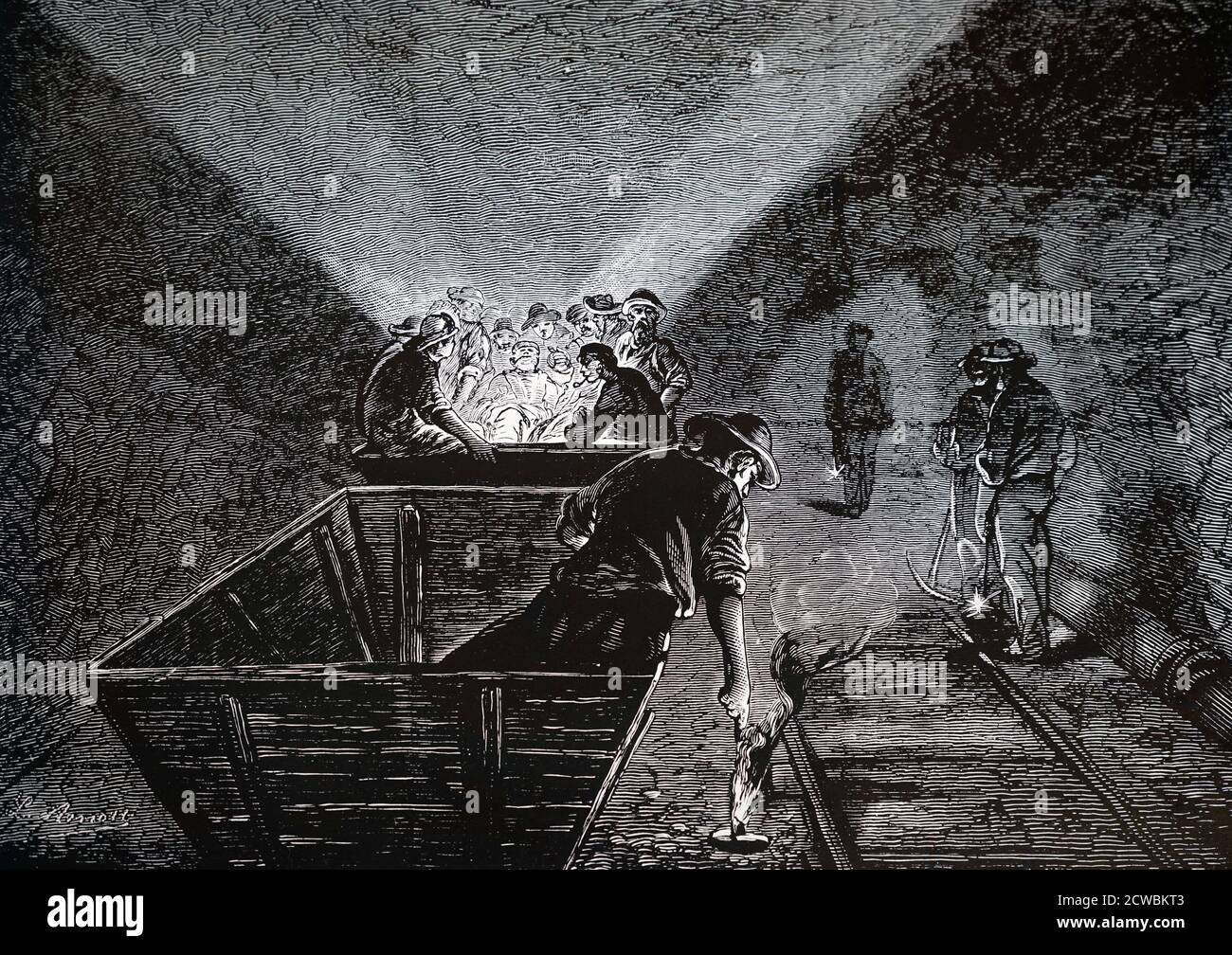 Engraving depicting workmen of the St Gotthard tunnel finishing work for the day. Stock Photo