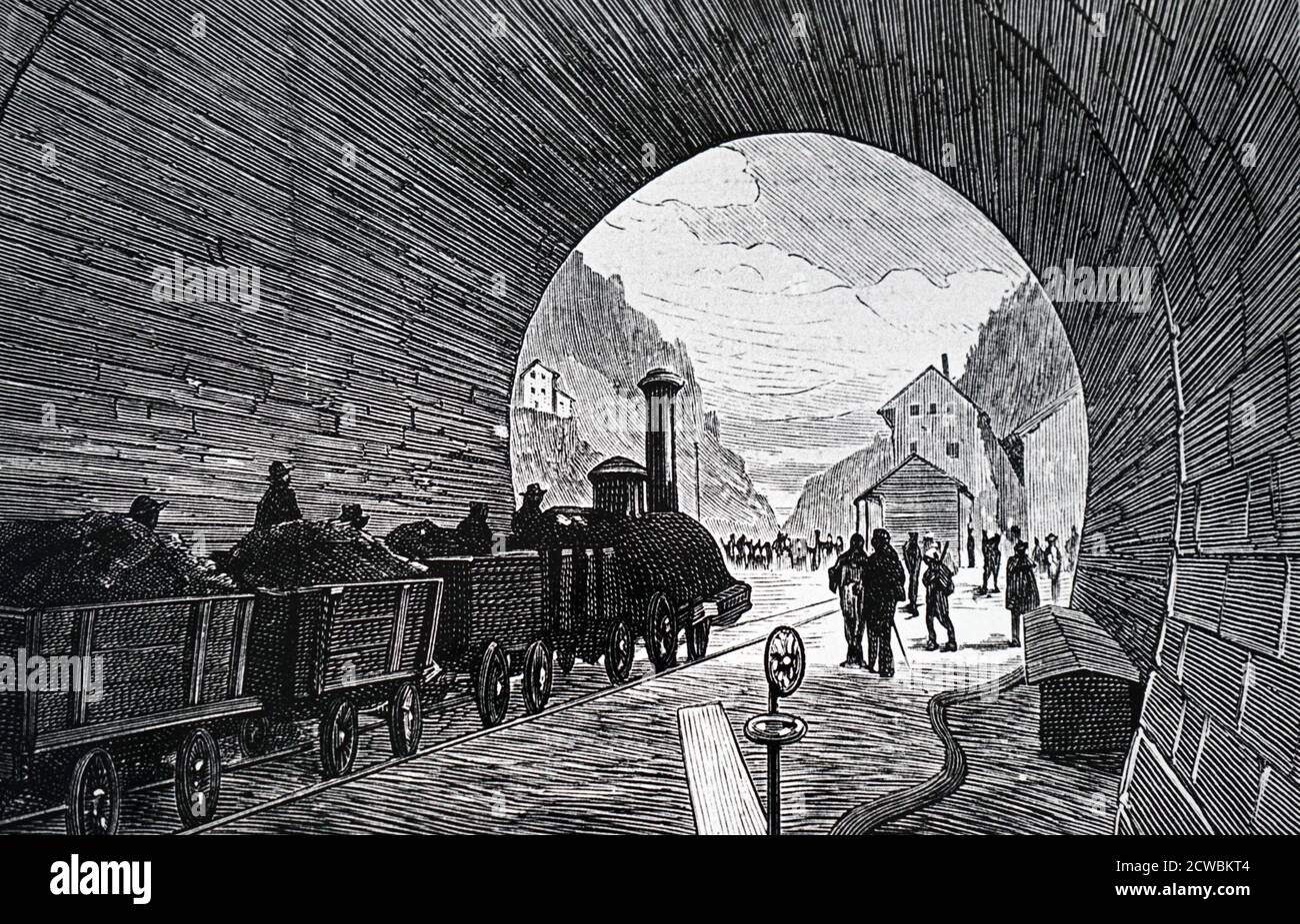 Engraving depicting a train carrying rock debris out of the Swiss end of the St Gotthard tunnel. Stock Photo