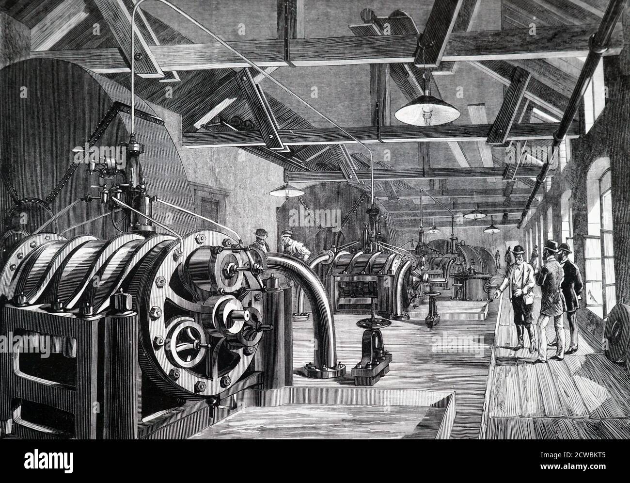 Engraving depicting the Italian end of the St Gotthard tunnel (Airolo), showing the compressed air reservoir used for drilling operations and for ventilation and charging the compressed air locomotives used for working the tunnel. Stock Photo