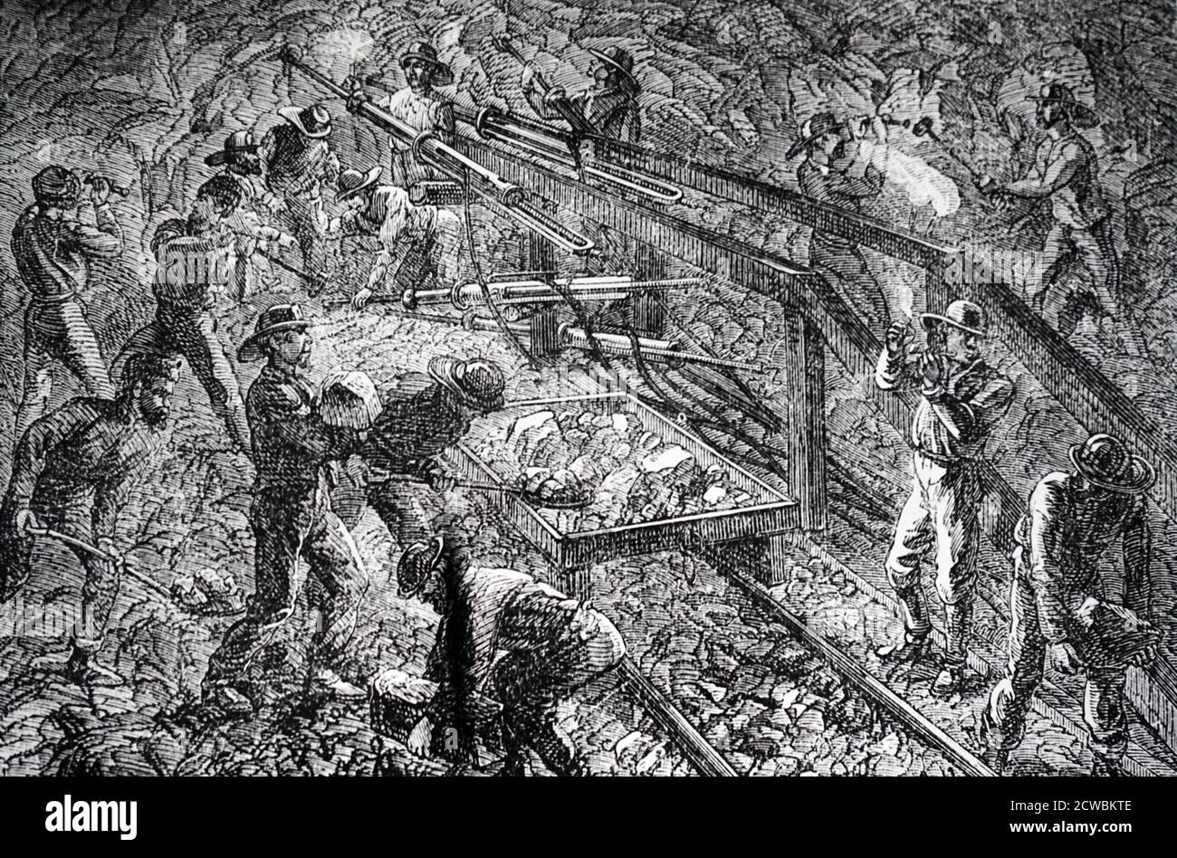 Engraving depicting workmen using a Burleigh compressed air drilling machine in the Hoosac Tunnel, the first rock tunnel in America. Stock Photo