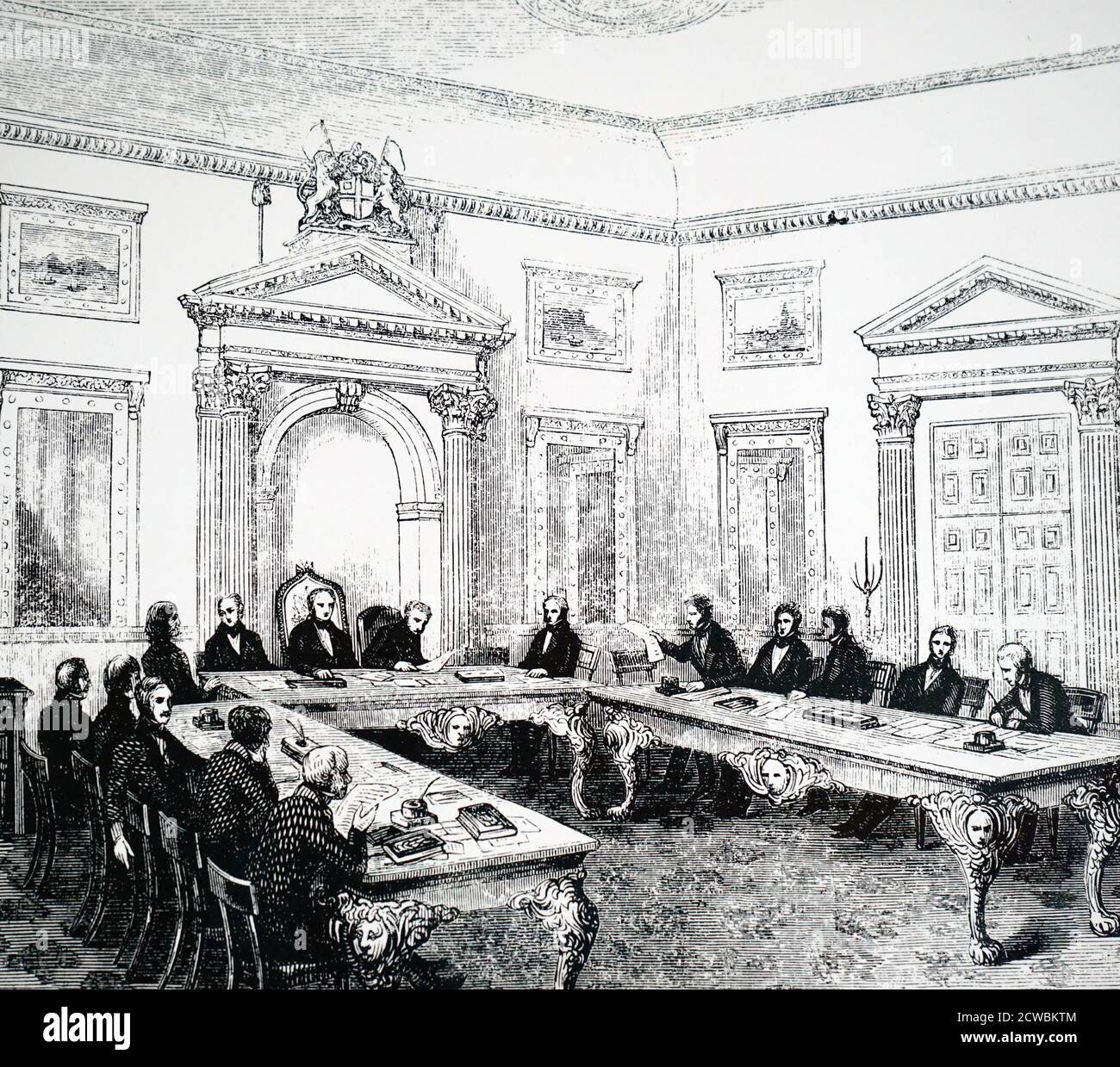 Engraving depicting a meeting of the Court of Directors of the East India Company, East India House. Stock Photo