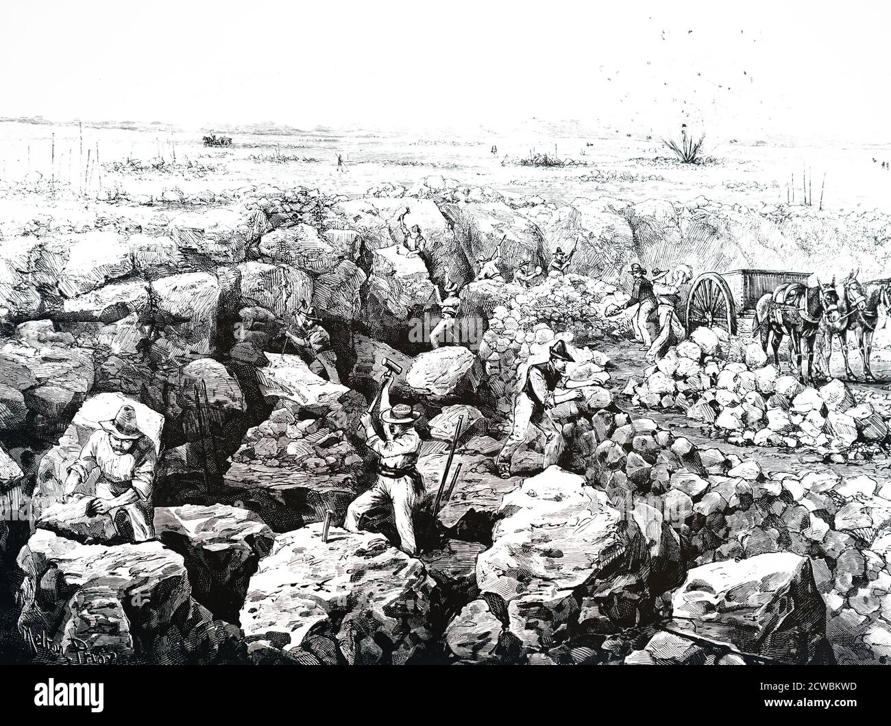 Engraving depicting the digging of caliche at Nitrate grounds in the province of Tarapaca, Chile. Stock Photo