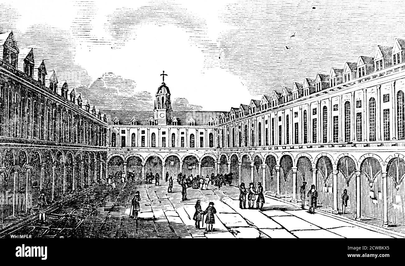 Engraving depicting the Amsterdam Bourse (Exchange). Stock Photo